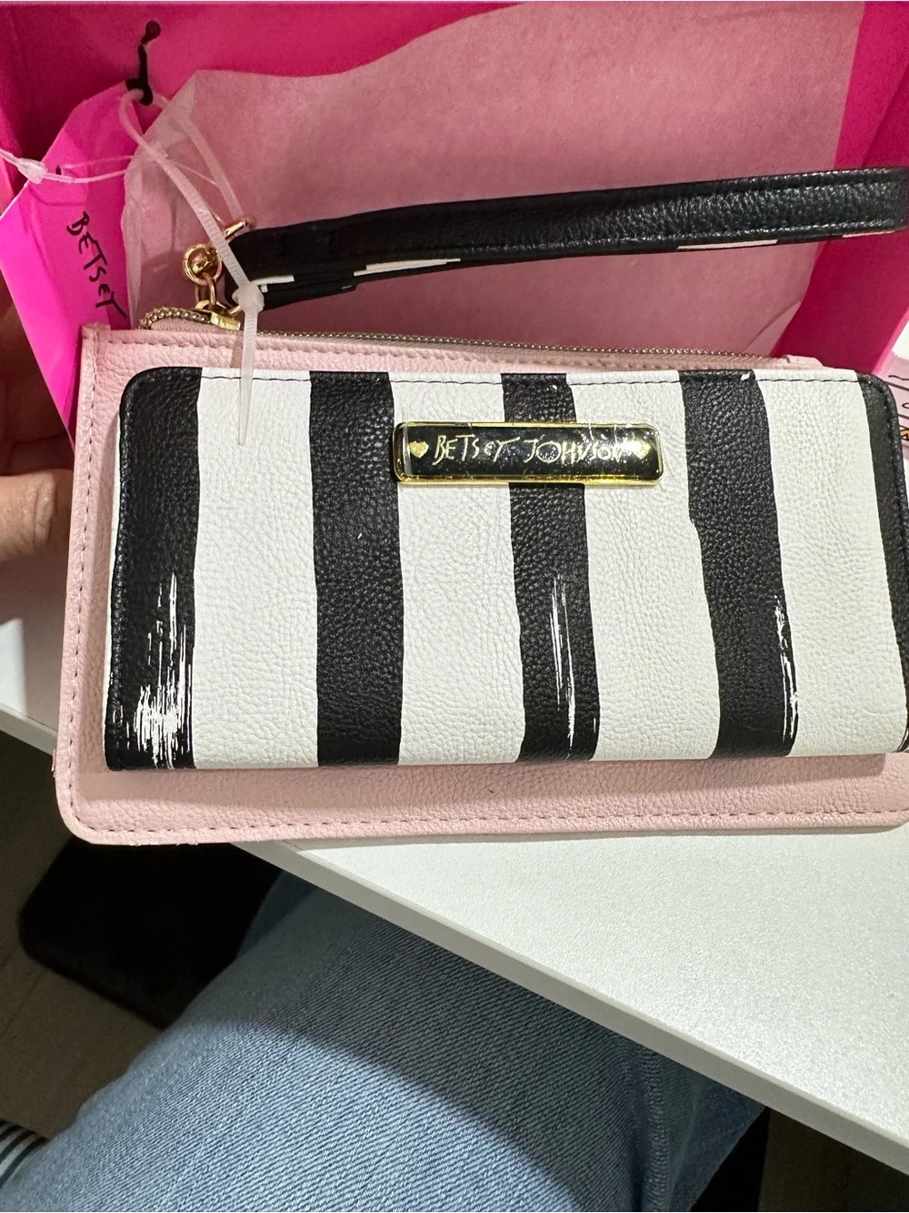 Betsey Johnson Black & White Striped Zip-Around Wallet with Gold Plaque NWT